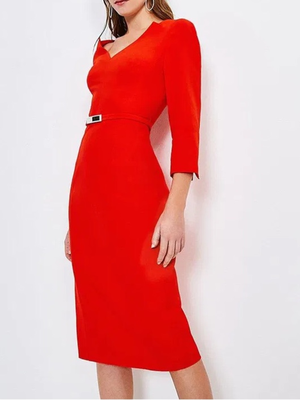 Karen Millen New women size 8 Forever Bar Belted Sheath Dress in red 3/4 sleeve